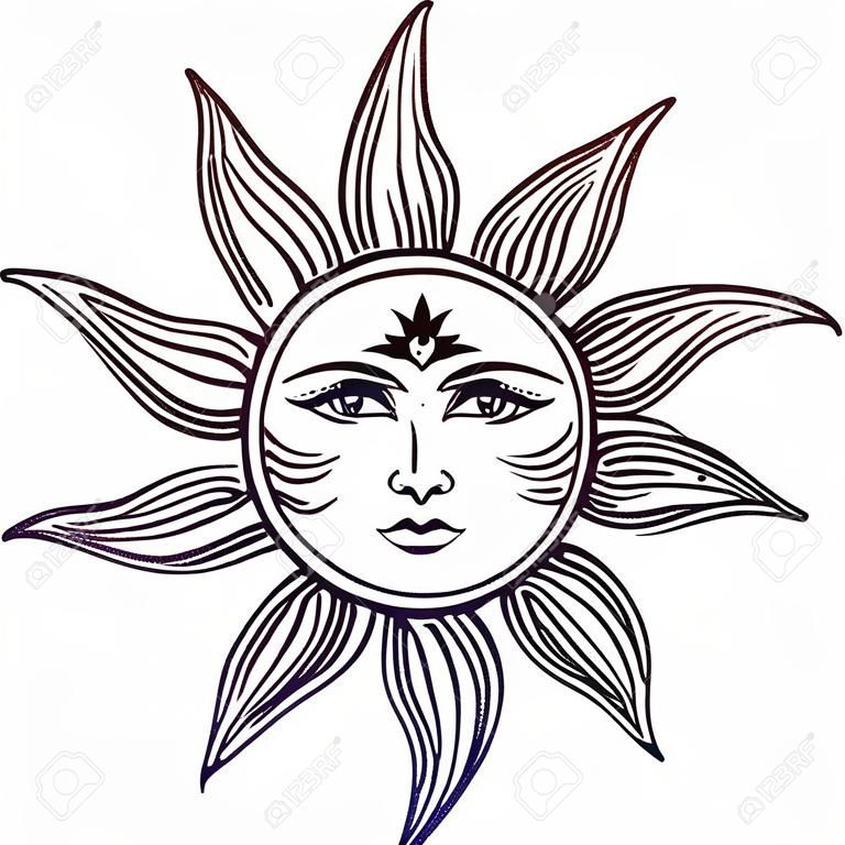 Símbolo elegante hermoso de la cara del sol Diseño del tatuaje. Ilustración del vector. Símbolo de alquimia