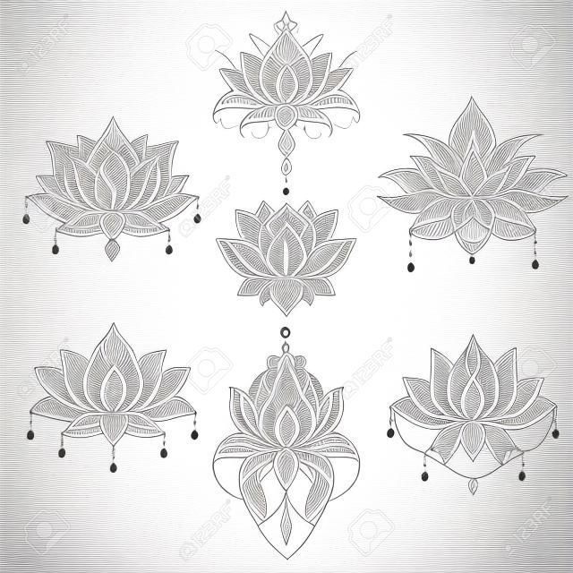 Filigranowy zestaw kwiatów lotosu, ilustracja wektorowa handdrawn