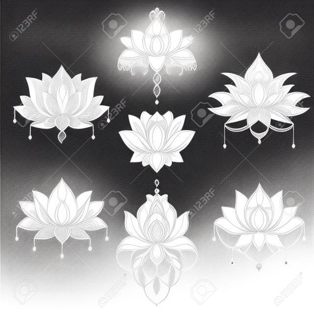 Ensemble de fleurs de lotus en filigrane, illustration vectorielle dessinée à la main