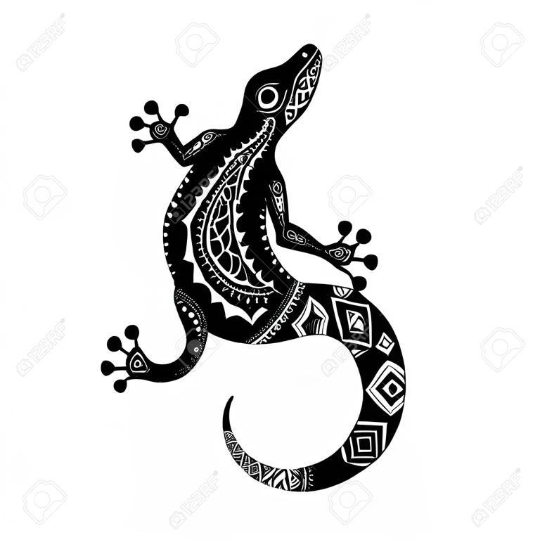 Lézard stylisé. Illustration de reptile blanc noir. Lézards de logo vectoriel. Tatouage.