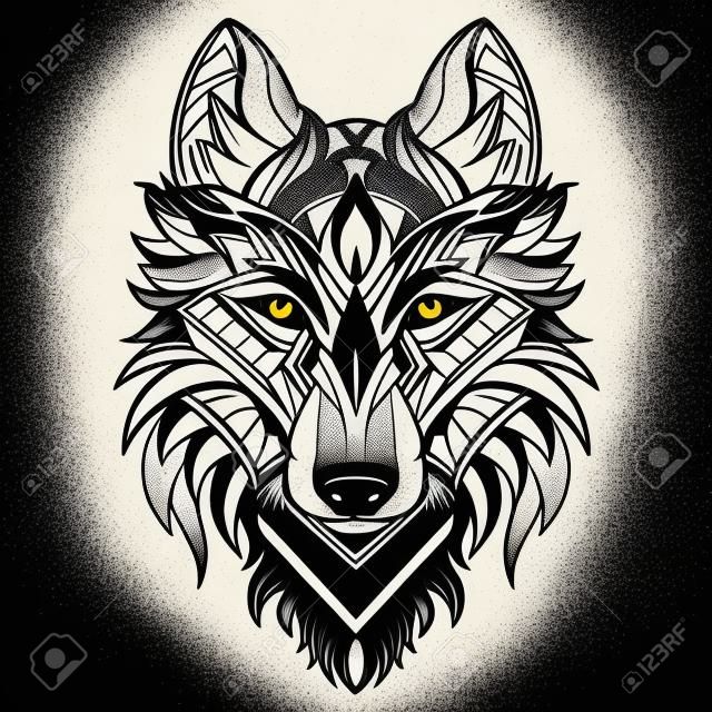オオカミのイラストの幾何学的な入れ墨のスタイルとTシャツのデザイン