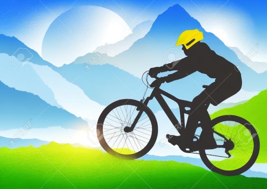 Rider rowerów górskich w dzikiej przyrody krajobrazu tła wektora ilustracji