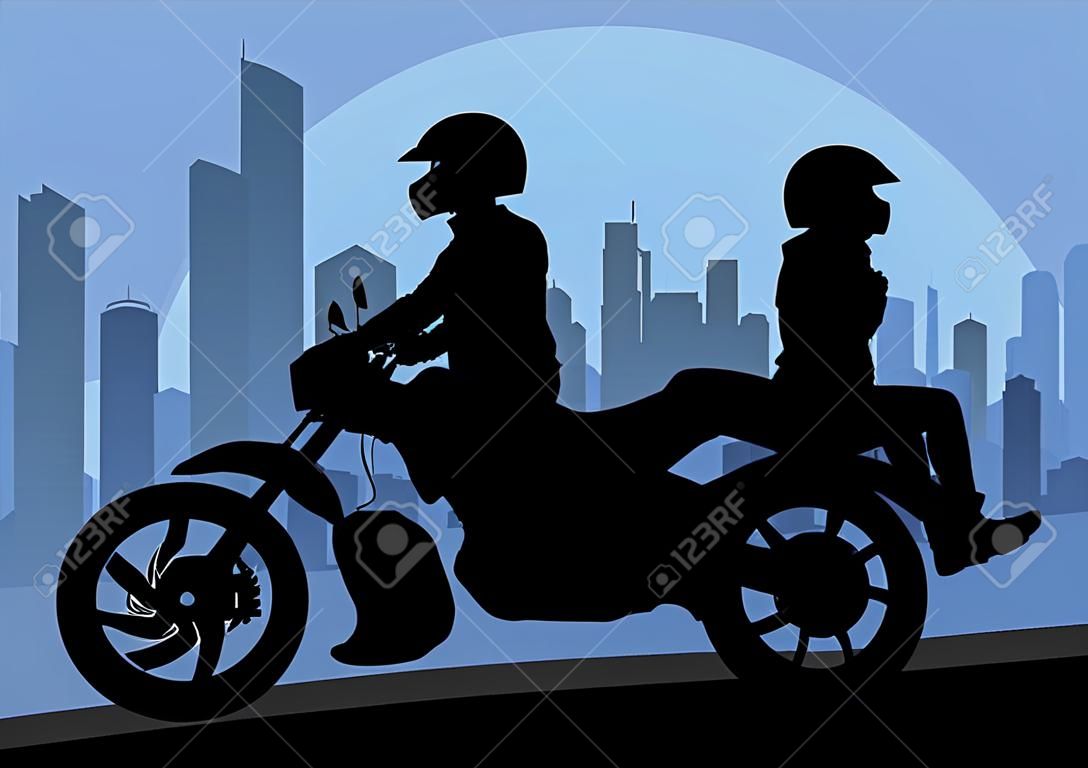 Motorbike riders motorcycle silhouettes in skyscraper city landscape background illustration vector