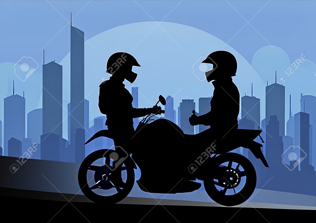 Motorbike riders motorcycle silhouettes in skyscraper city landscape background illustration vector