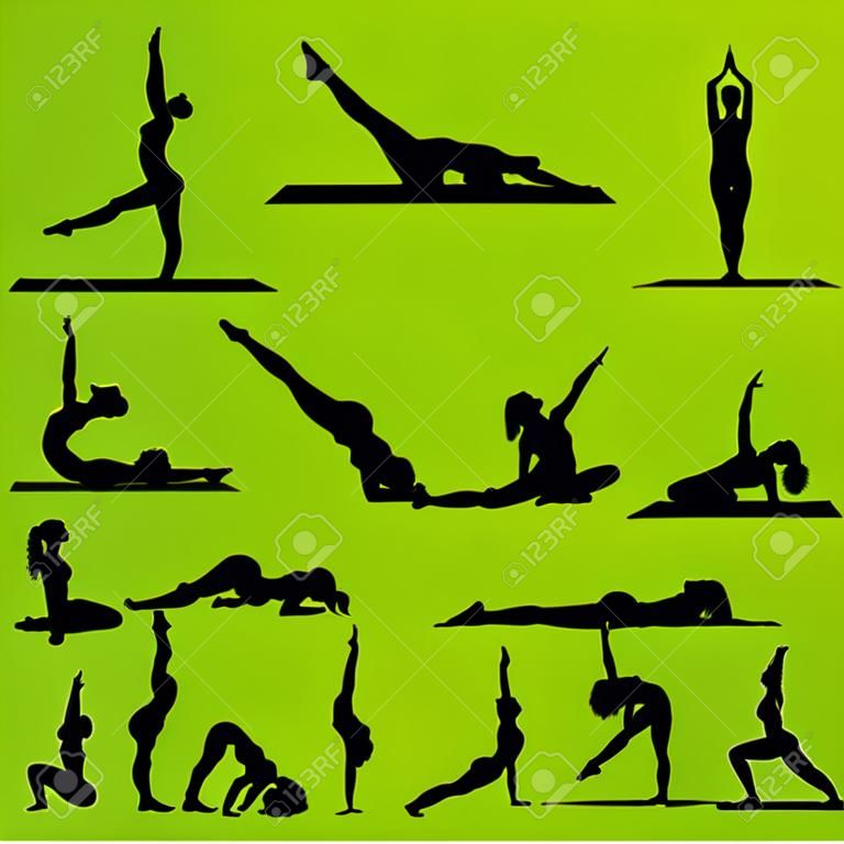 Women and girl yoga and gymnastics people silhouettes detailed illustration collection background vector