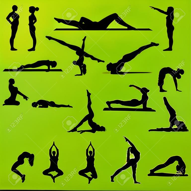 Women and girl yoga and gymnastics people silhouettes detailed illustration collection background vector