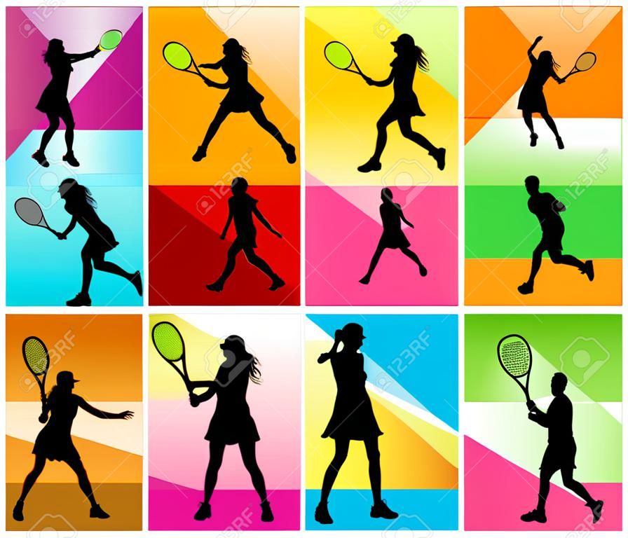 Tennis players silhouettes background concept set