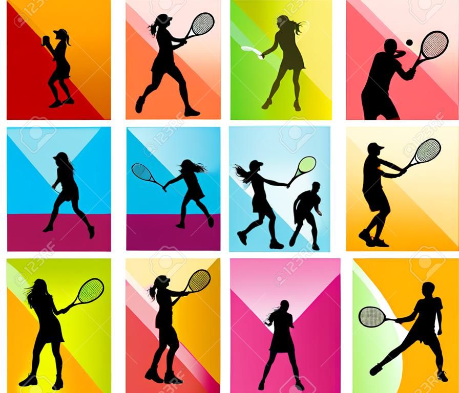 Tennis players silhouettes background concept set