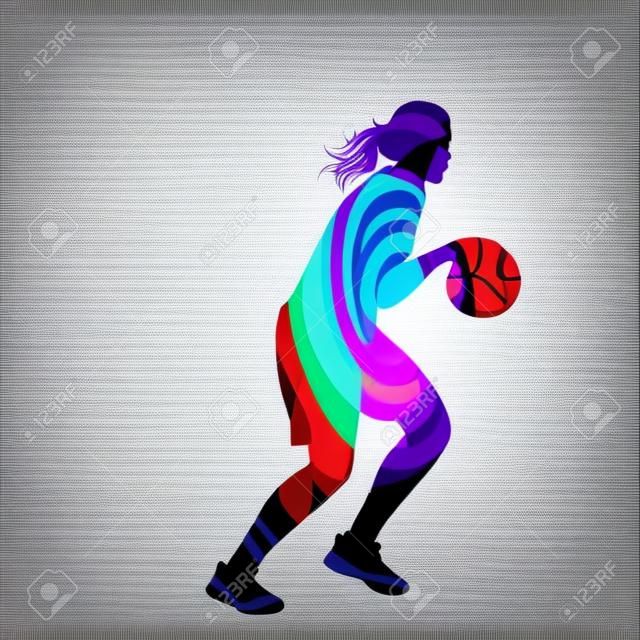 Baloncesto silueta hembra ilustración jugador de la mujer concepto colorido del vector del fondo hecha de formas transparentes curvas