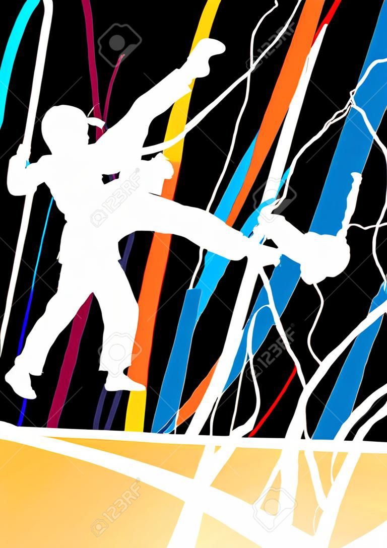 幼児テコンドー格闘技の戦闘機戦闘戦いと蹴るスポーツ シルエット抽象的なイラストの背景のベクトル