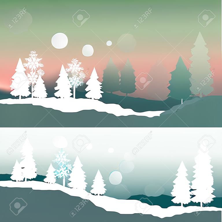 木と雪ベクトル抽象的な背景を持つ冬の風景