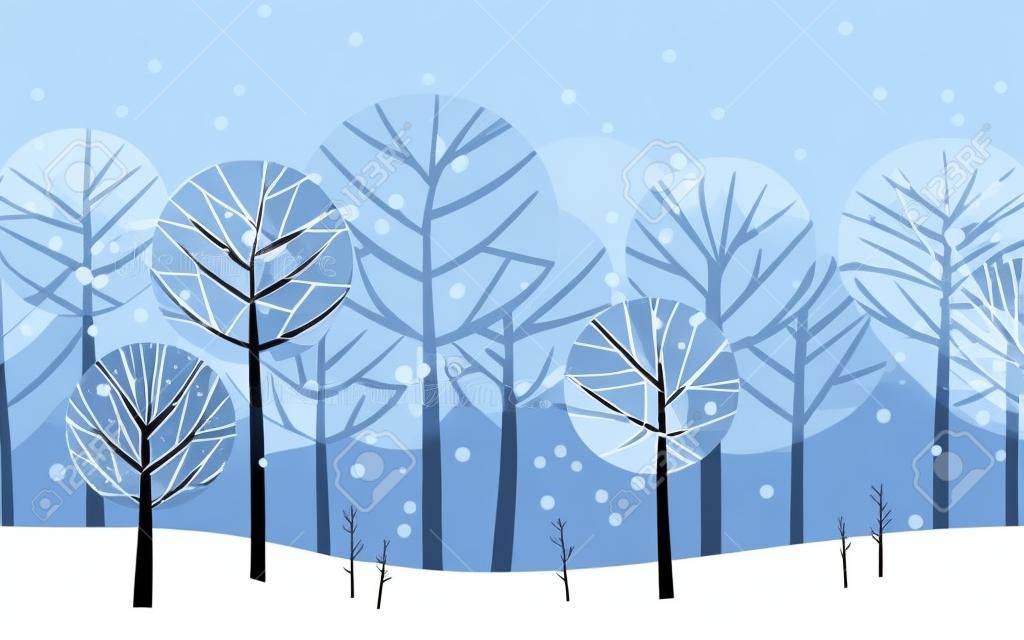 Landschaft mit einem Winterwald. Silhouetten von Bäumen unter einem Schneefall. Vektorillustration.