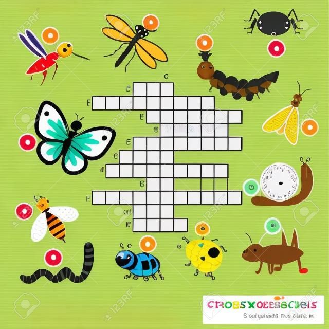 Kreuzwortbildungs ??Kinder-Spiel mit Antwort. Vokabeln lernen, Tiere und Insekten Thema. Vektor-Illustration, druckbare Arbeitsblatt