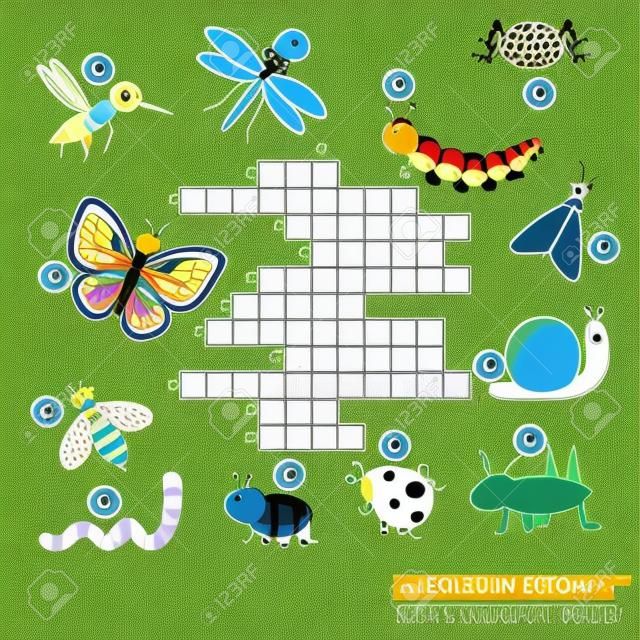 Crossword gioco bambini educativi con risposta. Imparare il vocabolario, gli animali e gli insetti tema. illustrazione vettoriale, foglio da stampare