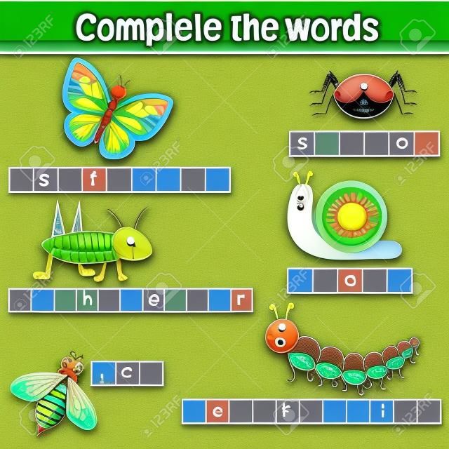 단어 어린이들에게 교육 게임을 완료합니다. 곤충 테마와 어휘를 학습