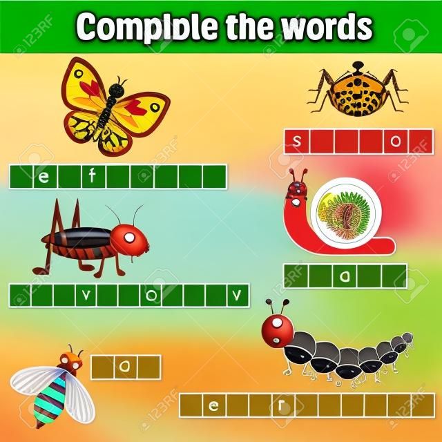 Completa le parole gioco educativo per bambini. Apprendimento degli insetti tema e vocabolario