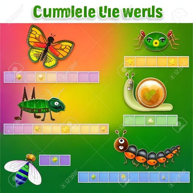 Completa le parole gioco educativo per bambini. Apprendimento degli insetti tema e vocabolario