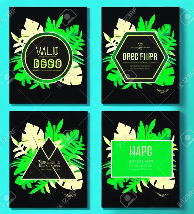 Tropic flyer design template. Neon tropical leaves. Advertisement, background. Night club, disco, party banner. Trendy fashionable advertisement, invitation, card, background