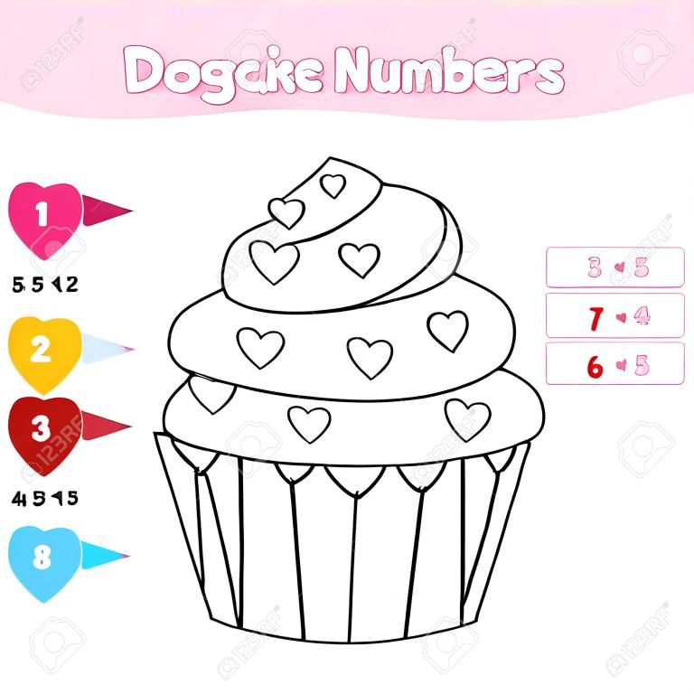 Children educational game. Coloring page with Valentine's day cupcake. Color by numbers, printable activity, worksheet for toddlers and pre school age.