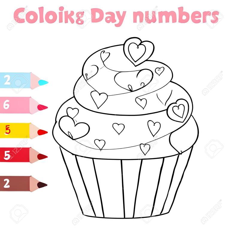 兒童益智遊戲。情人節蛋糕的彩頁。按數字，可打印的活動，幼兒和學齡前的工作表上的顏色。