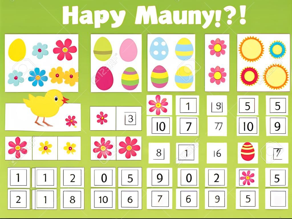 Easter game. Counting educational children game, math kids activity sheet. How many objects task. Learning mathematics, numbers, addition theme