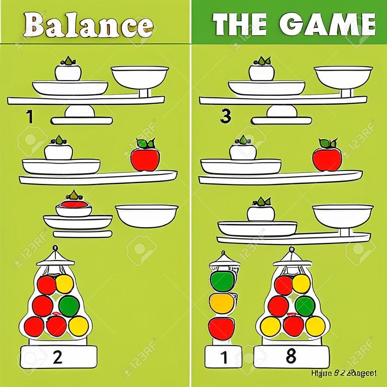 Mathematics educational game for children. Balance the scale. Learning counting, mathematical equation, weights and algebra