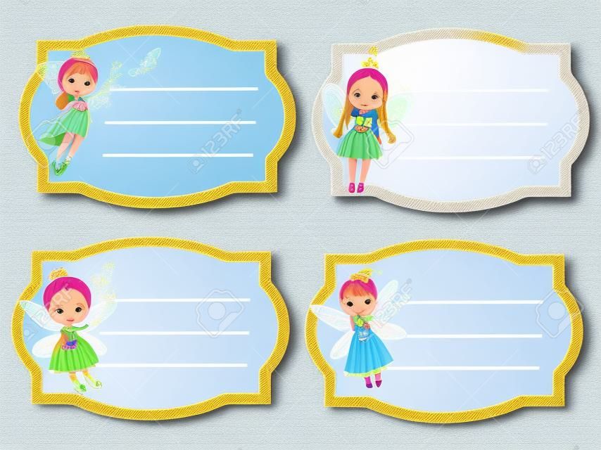 School labels with beautiful flying fairy. Name tags, Stickers for girls, pupil notebooks, workbooks