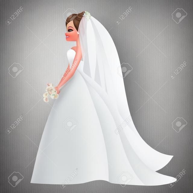 Cartoon bride. Happy female in fashionable wedding dress. Side view