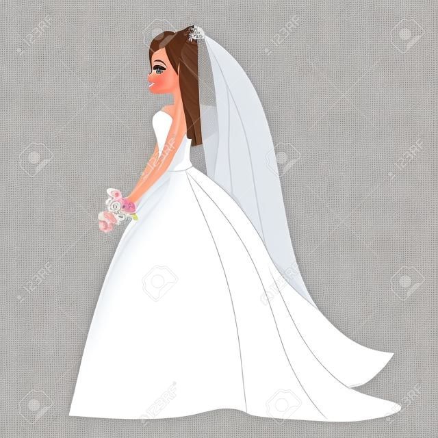 Cartoon bride. Happy female in fashionable wedding dress. Side view