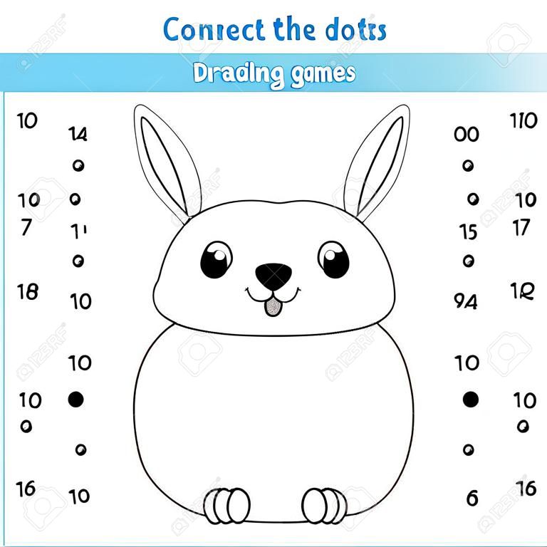 Conecte os pontos crianças jogo de desenho educacional. Dot to dot by numbers jogo para crianças. Atividade de planilha imprimível para crianças com coelho bonito