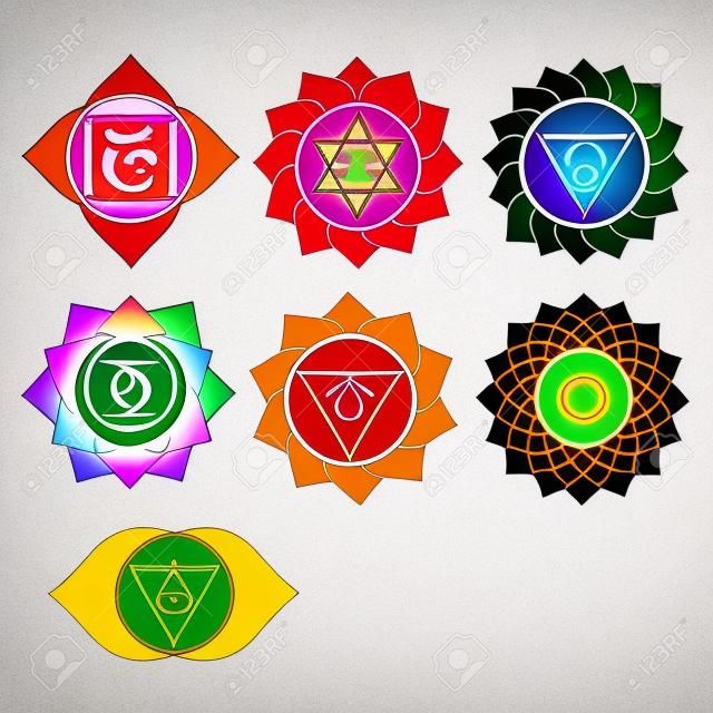 Icônes de sept chakras. Symboles de yoga Kundalini. Ensemble de vecteurs de signes spirituels
