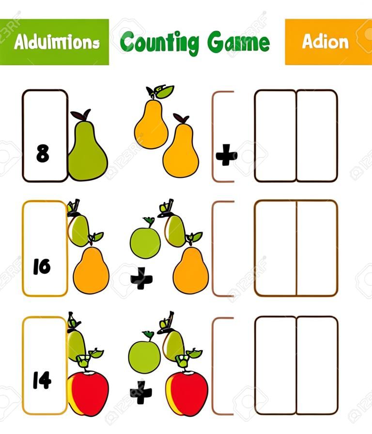 어린이를 위한 수학 교육 게임. 계산 방정식. 과일 추가 워크시트