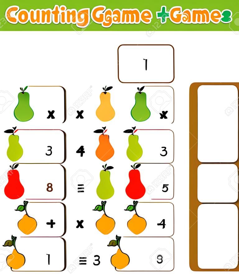 Mathe-Lernspiel für Kinder. Gleichungen zählen. Ergänzungsarbeitsblatt mit Früchten