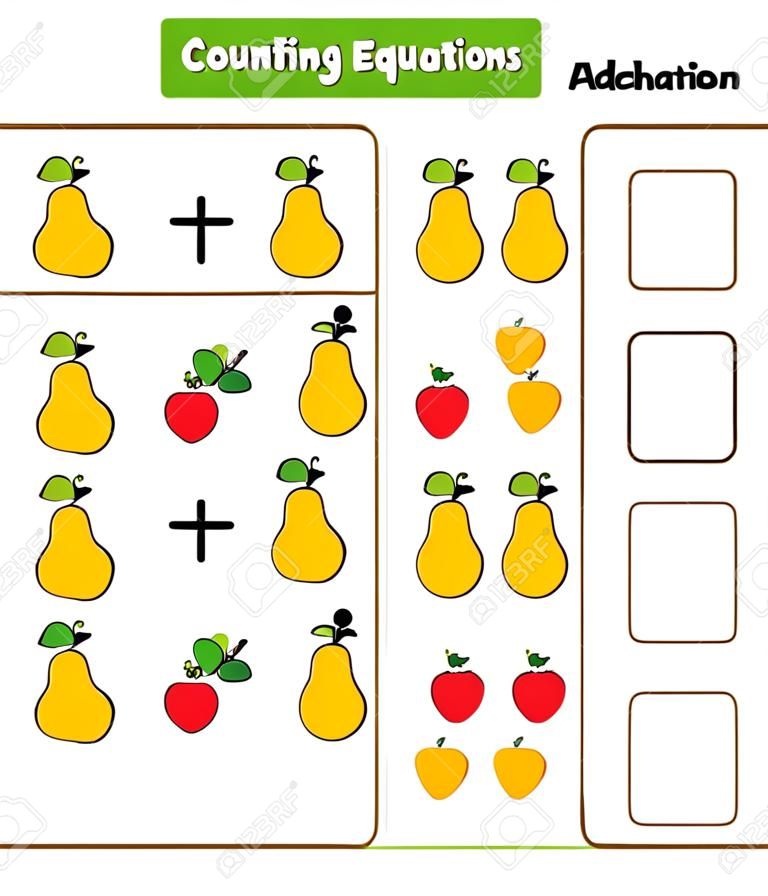 Mathe-Lernspiel für Kinder. Gleichungen zählen. Ergänzungsarbeitsblatt mit Früchten