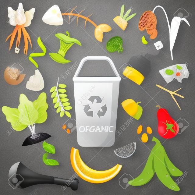 Afval sorteren. Biologisch afval. Eten, natuurlijke, botten en andere prullenbak pictogrammen.