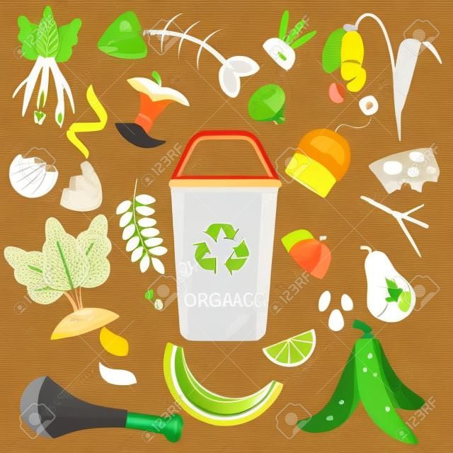 Sortowanie odpadów. Śmieci organiczne. Ikony żywności, naturalne, kości i inne śmieci.