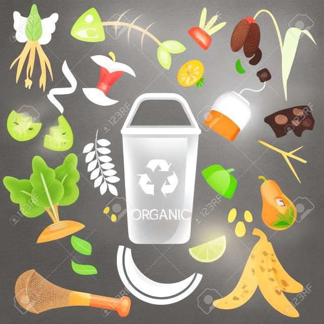 Waste sorting. Organic garbage. Food, natural, bones and other trash icons.
