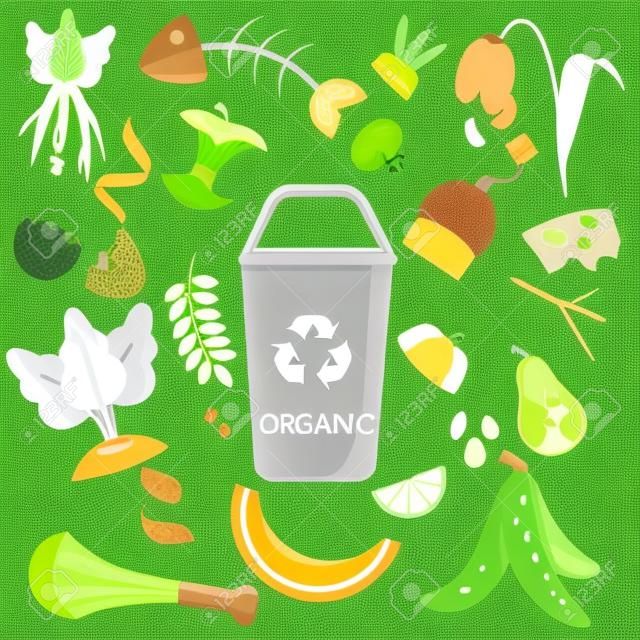 Clasificación de residuos. Basura orgánica. Alimentos, naturales, huesos y otros iconos de basura.