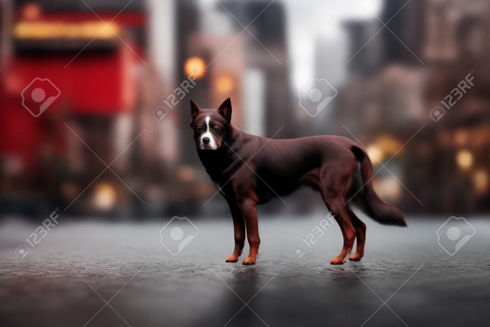Chocolate dog in rainy city on background of buildings