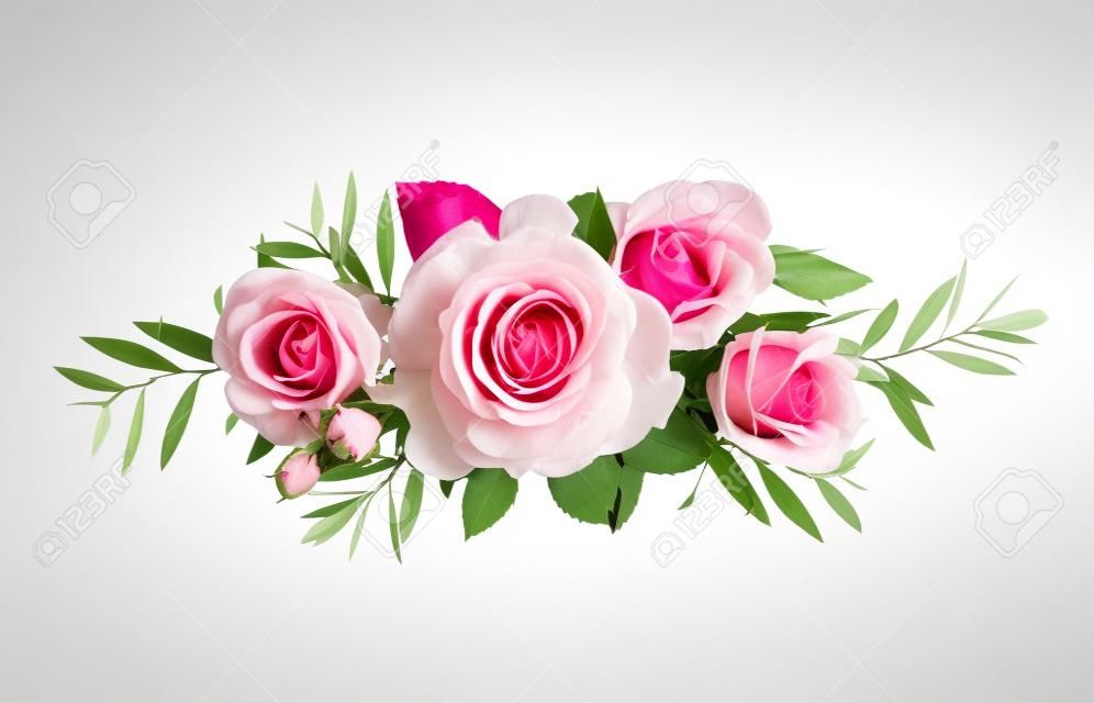 Rosa Rosen und Eustoma-Blumen in einem Blumenarrangement, isoliert auf weiss