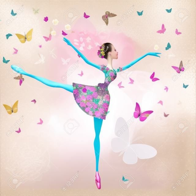 芭蕾女孩與花與蝴蝶