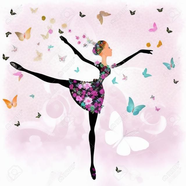 Dziewczyna baleriny z kwiatami z motylami