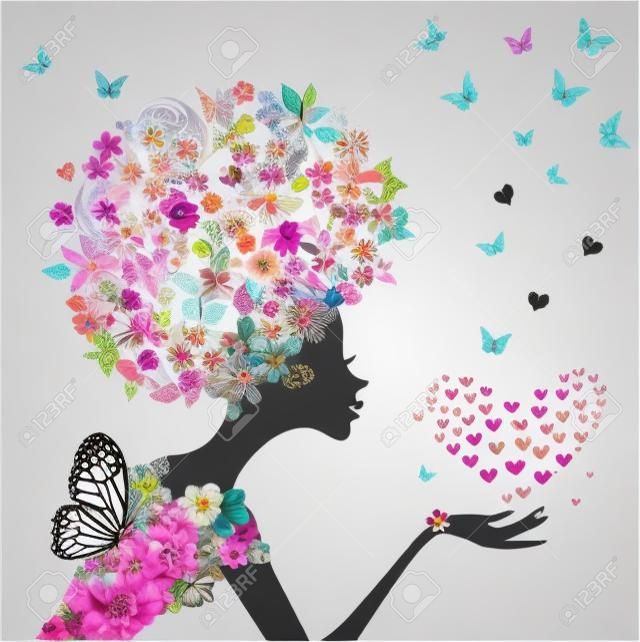 Mode Blumen Mädchen mit einem Herz aus Schmetterlingen
