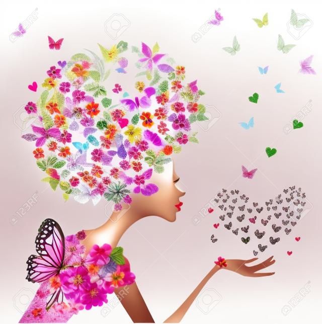 Mode Blumen Mädchen mit einem Herz aus Schmetterlingen