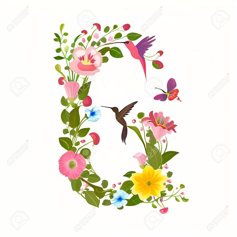 ornate capital letter font consisting of the spring flowers and flying hummingbirds. floral letter g