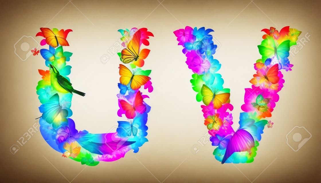 fancy collection of colorful letters U, V with butterflies and birds for your design