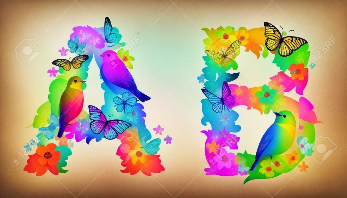 fancy collection of colorful letters A, B with butterflies and birds for your design