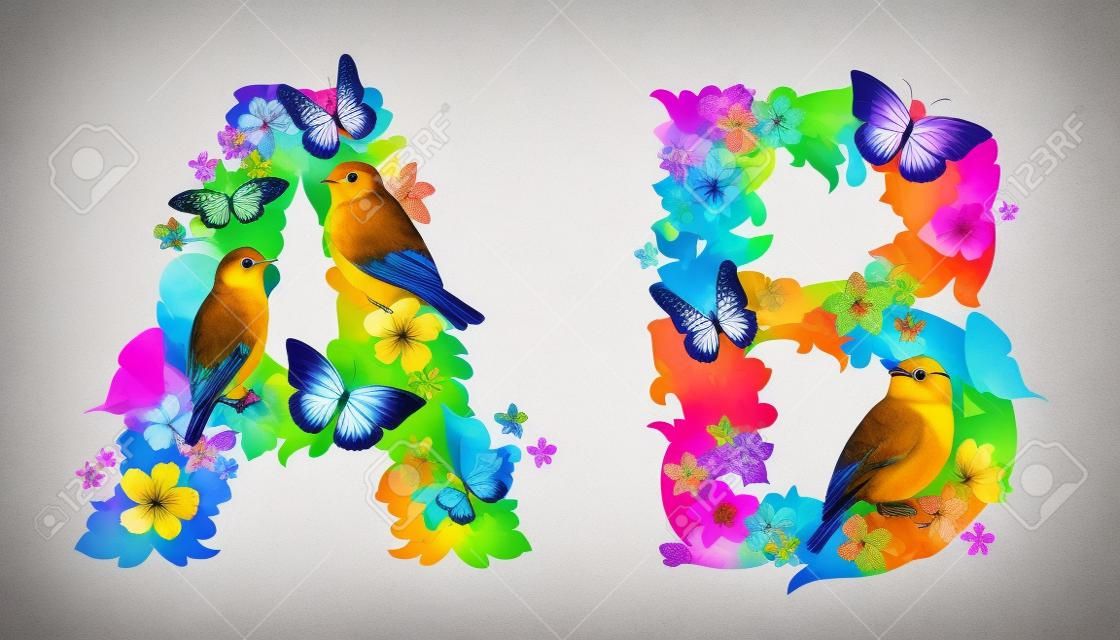 fancy collection of colorful letters A, B with butterflies and birds for your design