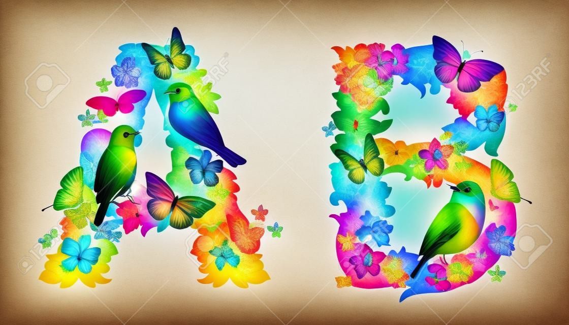 elegante colección de letras coloridas A, B con mariposas y pájaros para su diseño