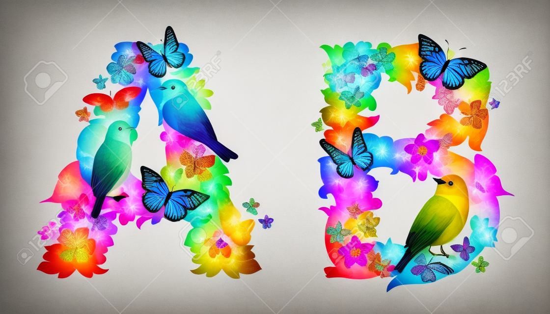 ausgefallene Sammlung von bunten Buchstaben A, B mit Schmetterlingen und Vögeln für Ihr Design